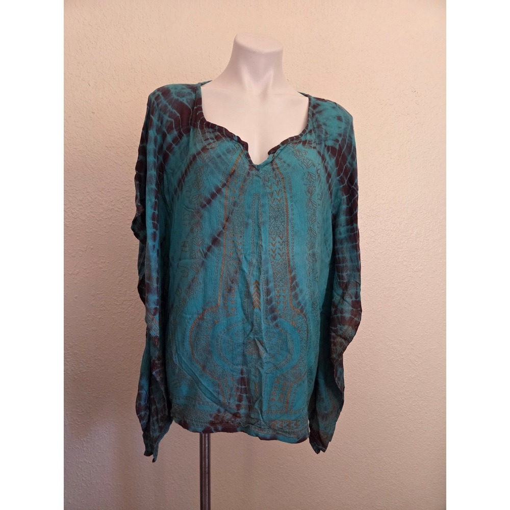 World Market Turquoise Brown Tie Dye Kaftan‎ Top L XL V Neck Rayon
